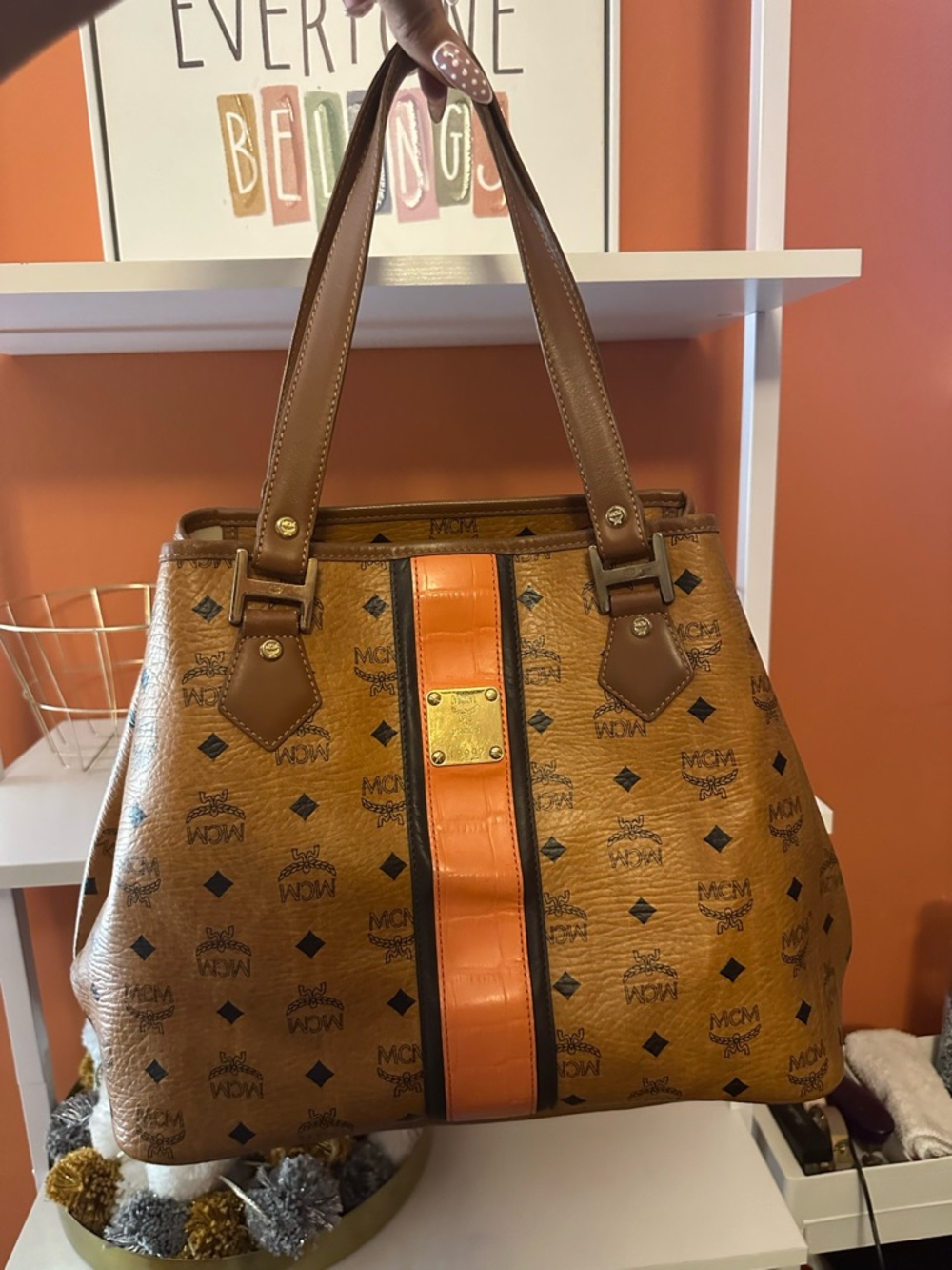 MCM Liz Tote and MCM Visetos wallet in cognac w/orange stripe(EUC)